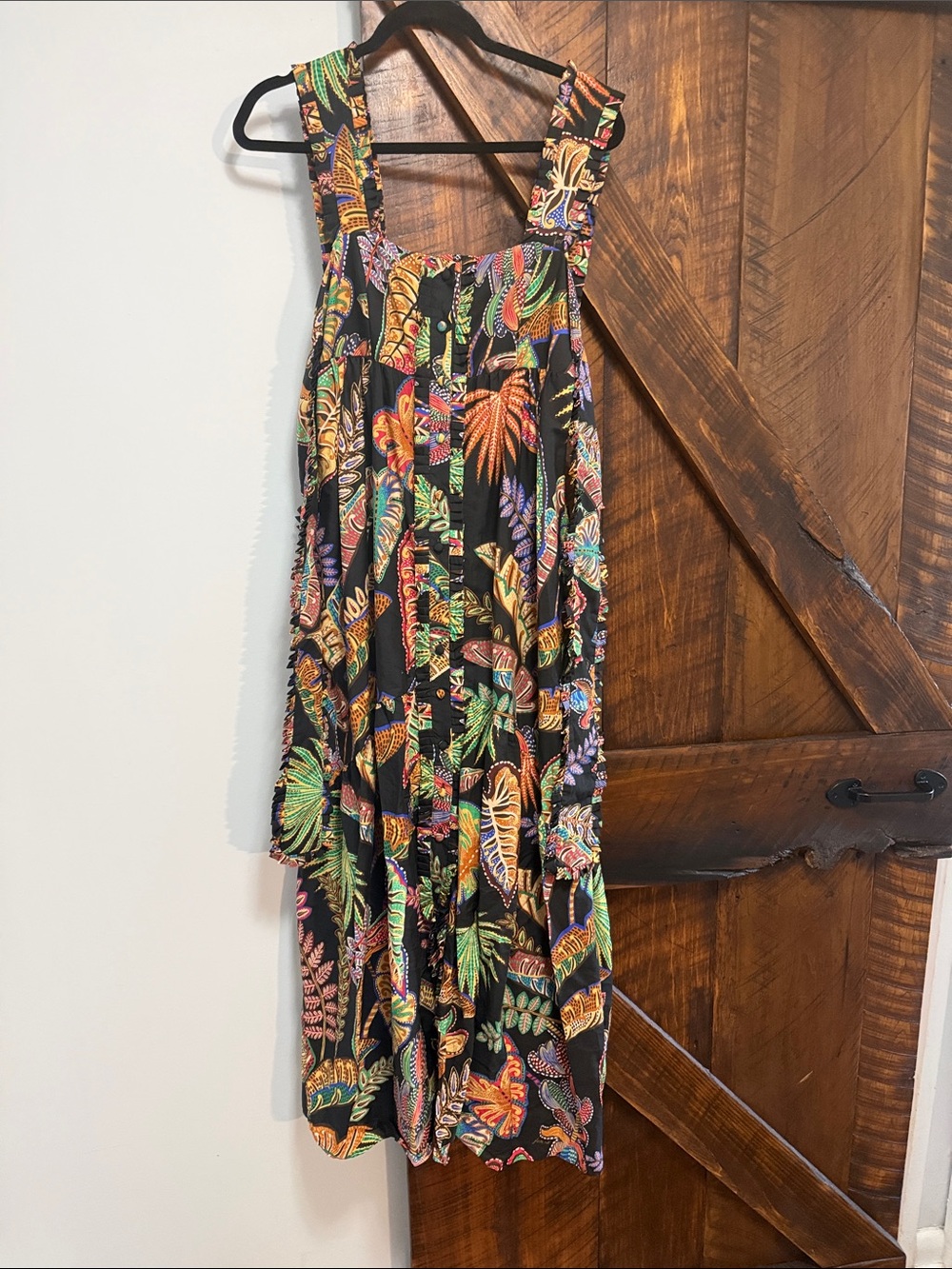 FARM Rio Black Maxi Dress with Green, Orange, Purple and Yellow Tropical Print